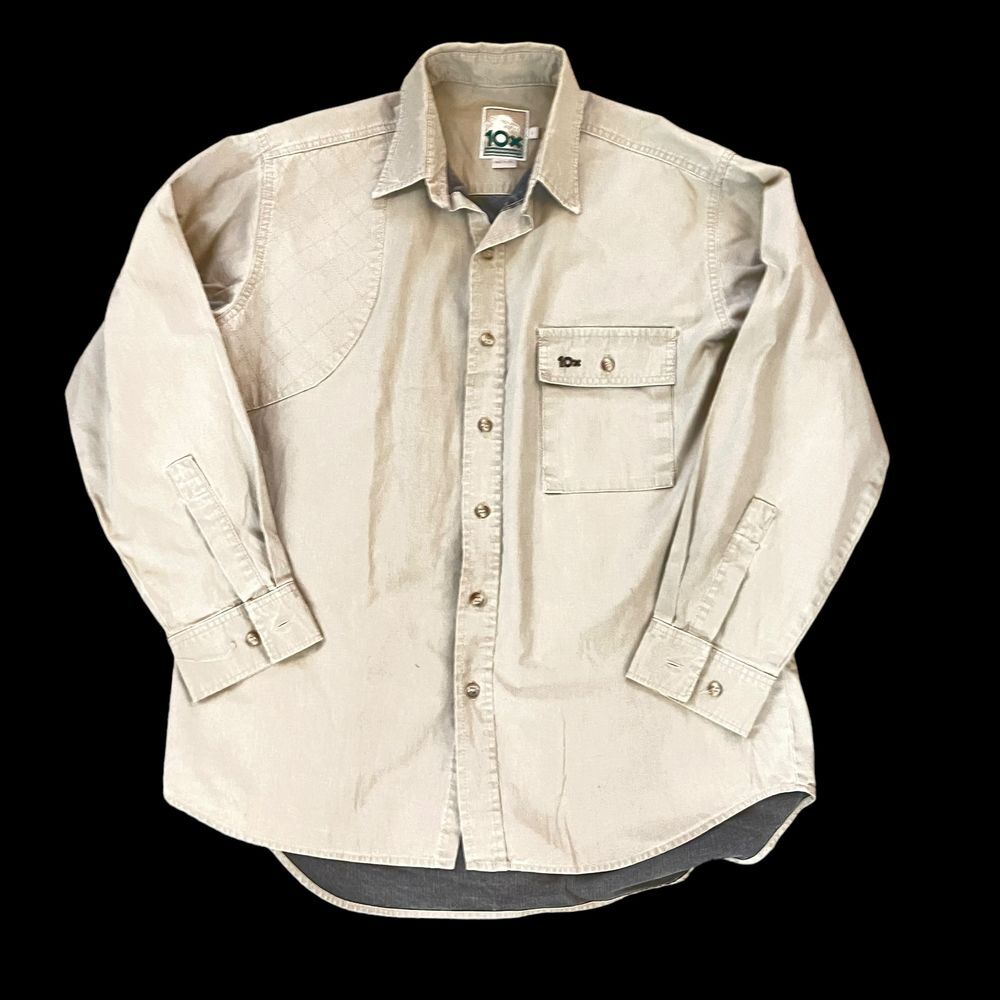 10x Men's Beige Button-Down Shirt Quilted‎ Shoulder Detail Long Sleeve Size L